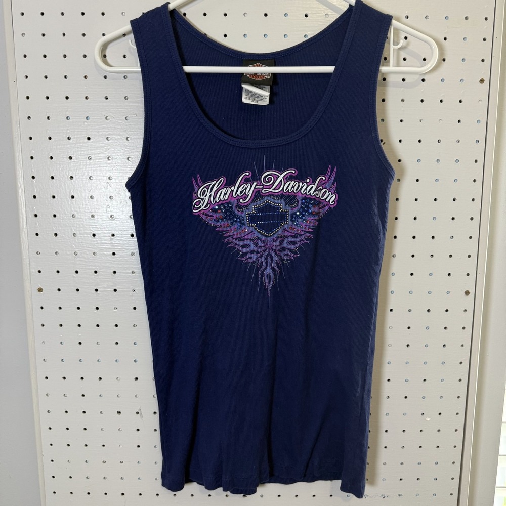 Harley Davidson Tank Women's Medium Navy Blue Rib‎ Embellished Bike USA Made